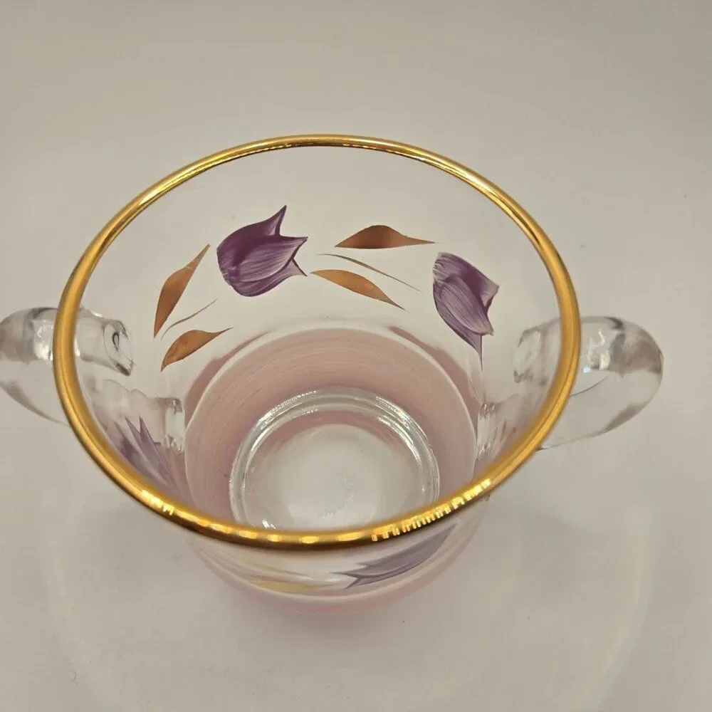Vintage Glass Creamer Sugar Shaker Set Gold Rim Hand-Painted Purple Floral